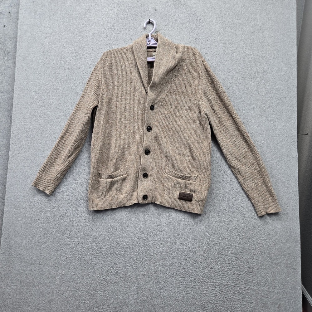 Hollister Men Sweater XL Beige Cardigan Shawl Collar Button Up Logo Pockets